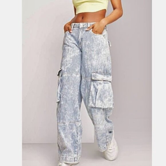 Wild Fable Pants Women 10R Striped Mid-Rise Baggy Cargo 90s Y2K Utility Wide Leg - Picture 1 of 12